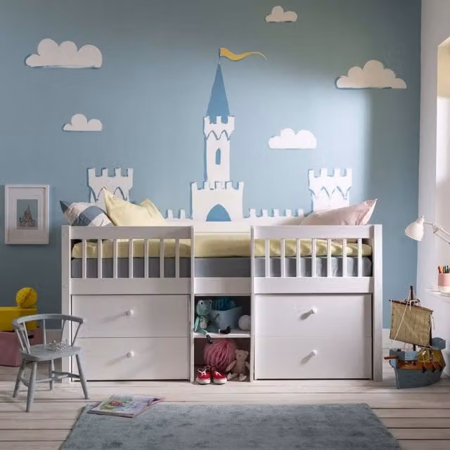 Noa and Nani Petra Midsleeper Cabin Bed with Underbed Storage Drawers in White Solid Pine Wood