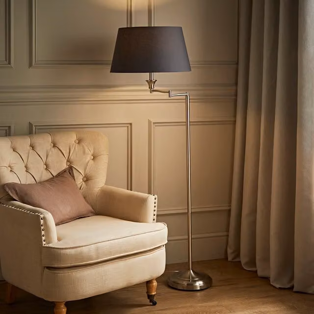 ValueLights Adjustable Swing Arm Floor Lamp with Grey Fabric Cone Shade in Brushed Chrome Finish
