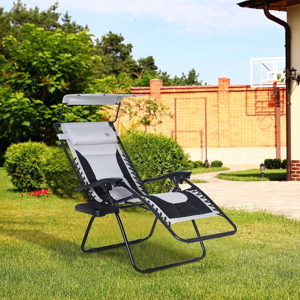 ERGOVEXA Zero Gravity Lounger Chair in Grey with Sun Canopy, Adjustable Headrest and Side Tray – 4