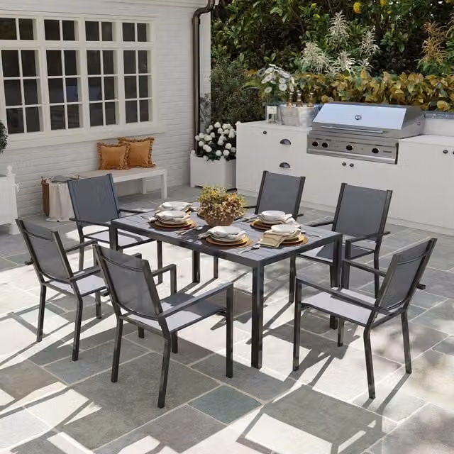 Outsunny 7 Piece Grey Composite and Metal Garden Dining Set with 6 Stackable Chairs