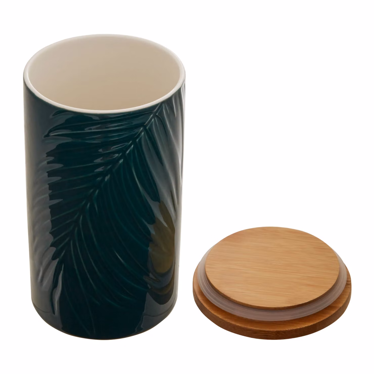 Orsina Large Dark Green Ceramic Storage Jar with Embossed Tropical Leaf Design and Airtight Bamboo Lid – 3