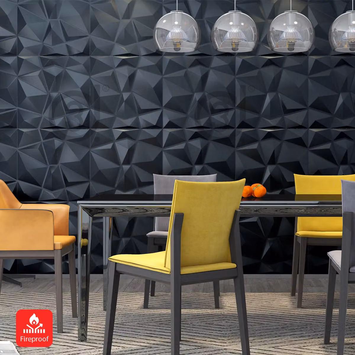 ENER-J 3D PVC Wall Panel with Faceted Diamond Design in Black, Pack of 4, W: 50 x 50 cm, D: 0.1 cm – 3