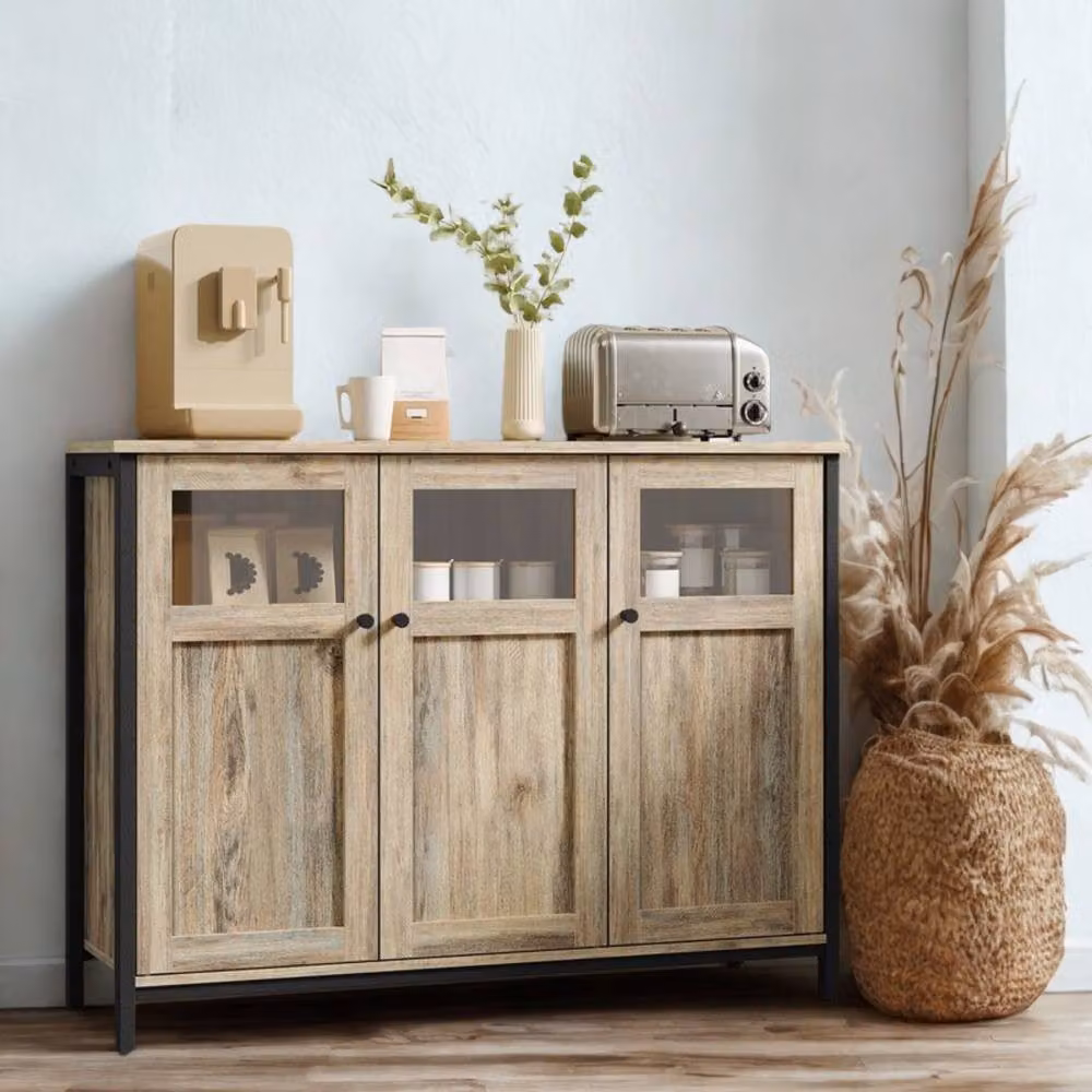 Pirlo Plush Industrial Multipurpose Closed Sideboard Buffet Cabinet in Rustic Brown with Glass Doors – 2