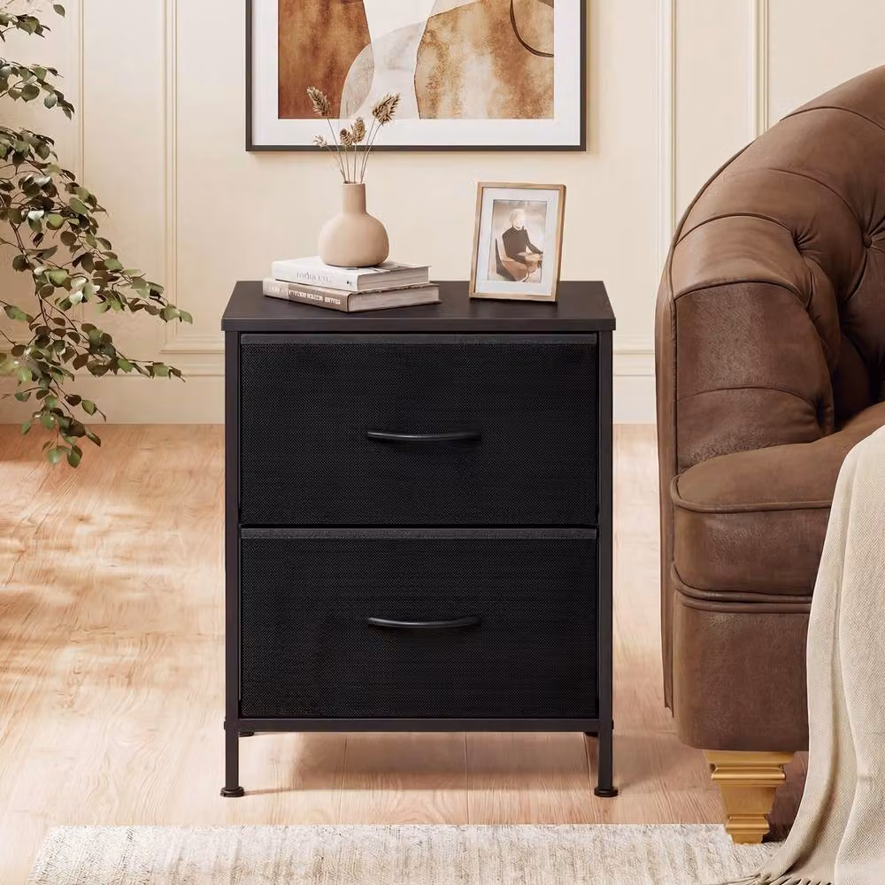 Costway Set of 2 Black Nightstands with 2 Fabric Drawers and Metal Frame – 4
