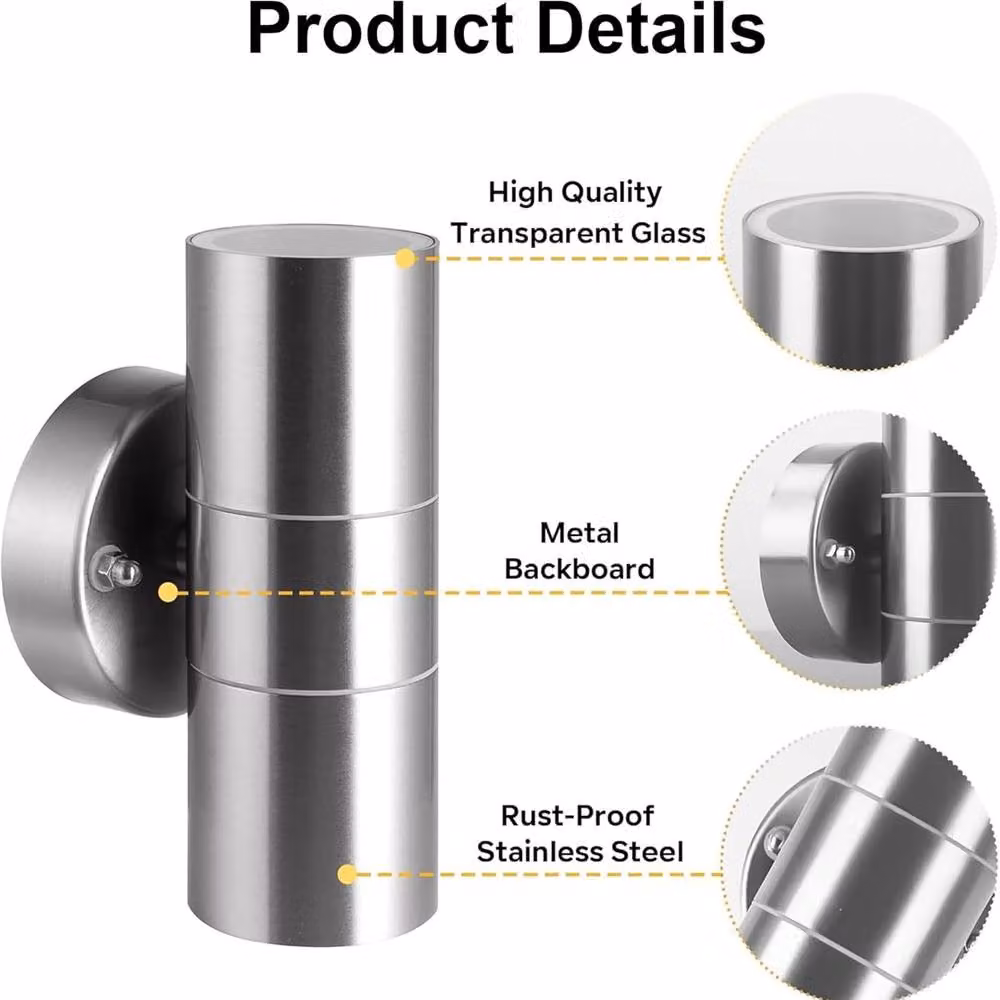 ATEK 2 Pack Silver Stainless Steel Up and Down Outdoor Wall Lights, IP65 Waterproof GU10 Modern Exterior Sconces for Garden, Terrace and Balcony – 8