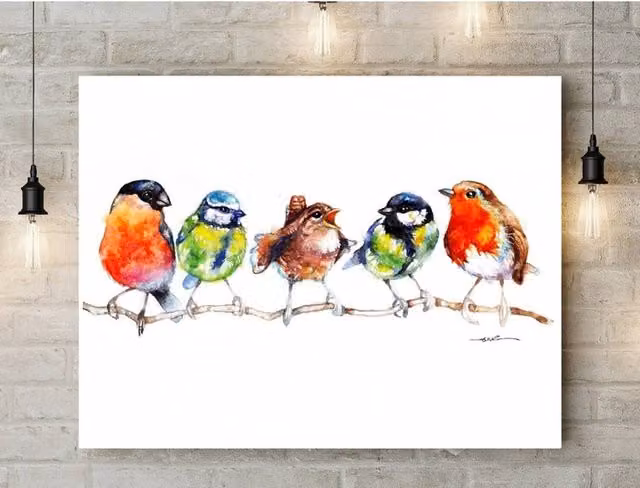 BebesArts Birds in a Row Canvas Wall Art, Red and Multicolour, W: 60.96 cm, H: 81.28 cm