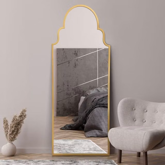 MirrorOutlet Arcus Crown Modern Metal Framed Arch Leaner Wall Mirror in Gold, H 180 cm x W 70 cm x D 1 cm