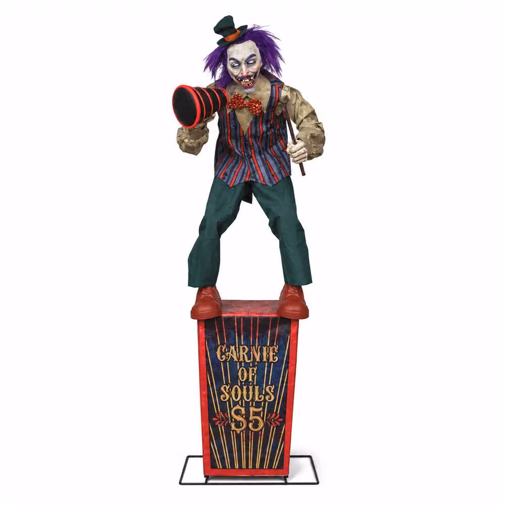 Samuel Alexander 6ft Servo Carnival Barker Halloween Animatronic with Glowing Digi-Eyes and Multicolour Striped Design – 3