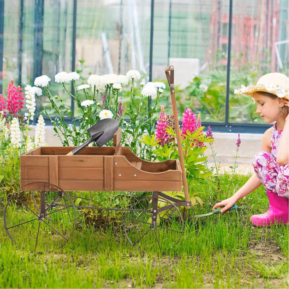 Gymax Brown Wood and Metal Decorative Flower Planter Wagon with Wheels – 5