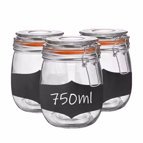 Argon Tableware Set of 3 Glass Storage Jars with Airtight Clip Lids and Labels, 0.75 l, Transparent and Orange – 1