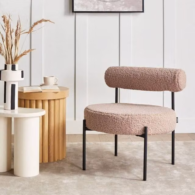 Wyld and Coco Taupe Boucle Armless Accent Chair with Roll-Back Bolster and Black Metal Legs – 1