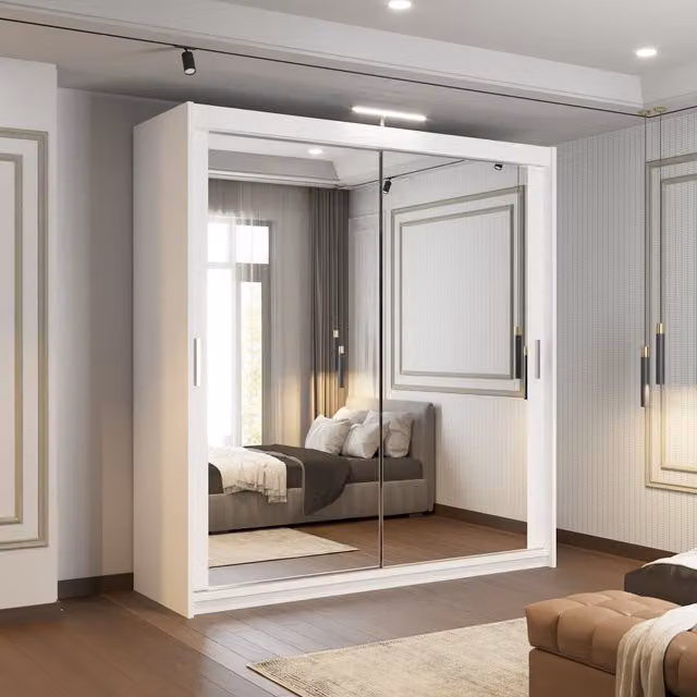 Sliding Door Wardrobes 4u Modern White Sliding Door Wardrobe with Mirror, Internal Shelves, Hanging Rod and Integrated LED Lighting, W/D/H: 203 x 90 x 200 cm
