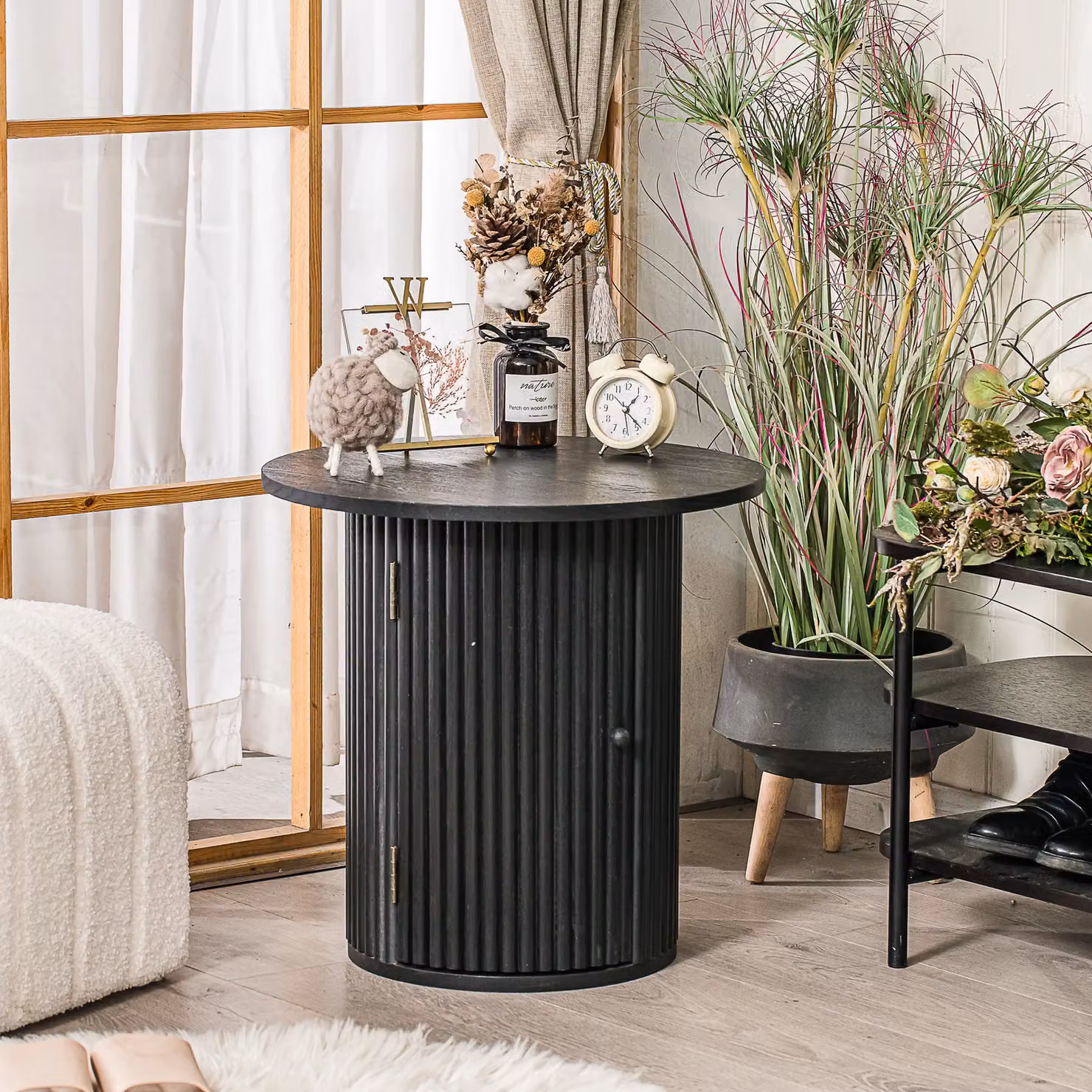 Nordlys Modern Round Wooden Side Table with Storage Tray in Black – 2