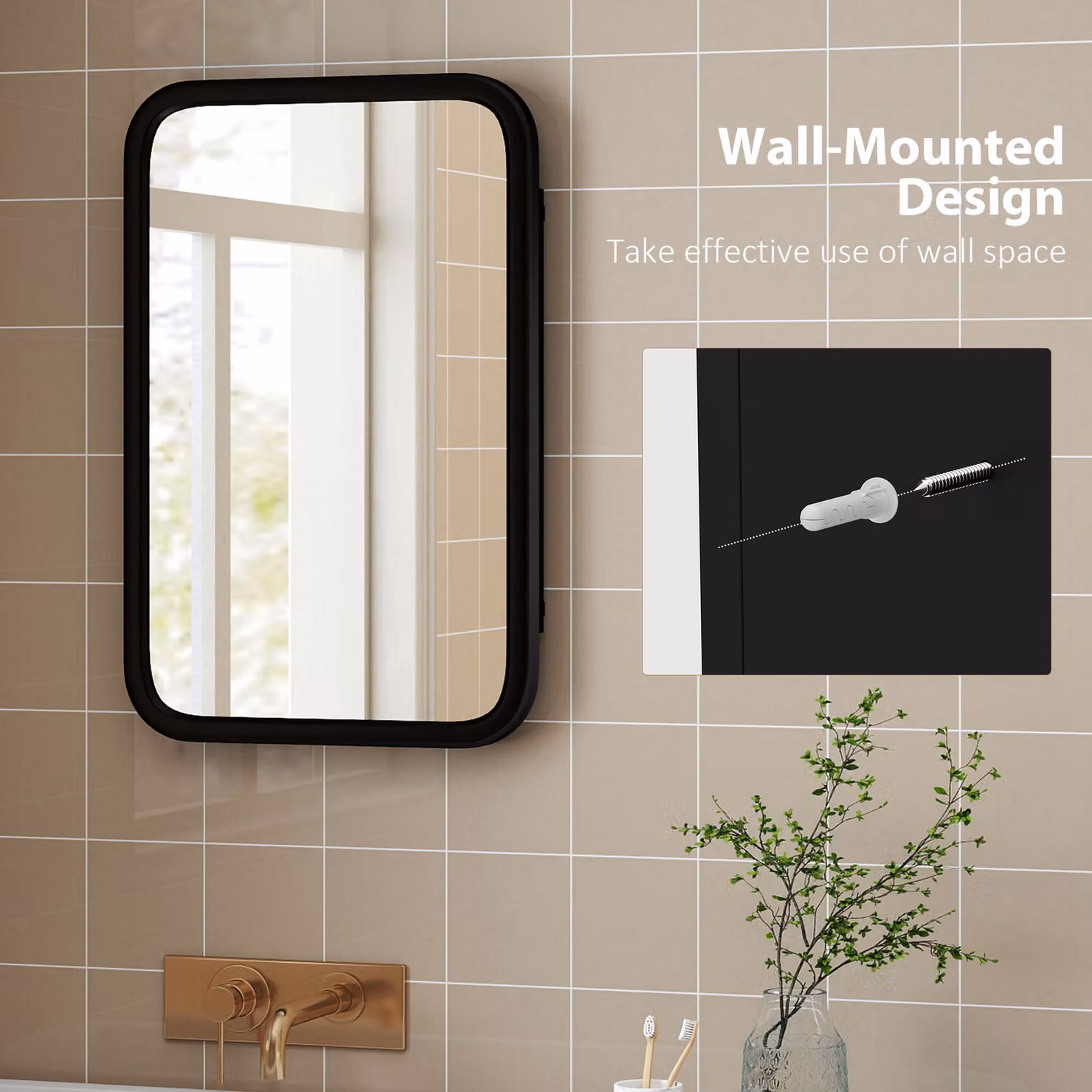 HOMCOM Modern Black Wall-Mounted Bathroom Mirror Cabinet with 3 Internal Shelves and Glass Doors – 7
