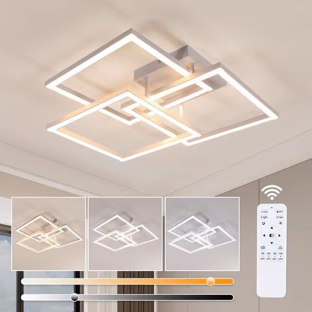 Pheashine White Square LED Ceiling Light, 40W Dimmable with Remote Control, 3000-6500K