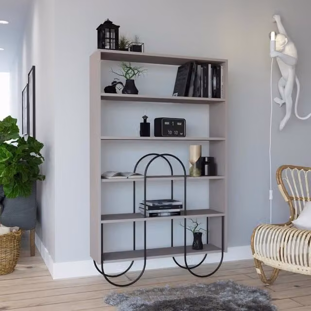 FWStyle 5 Shelf Modern Shelving Display Unit with Curved Metal Frame in Mocha Grey
