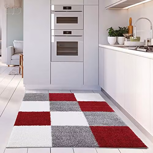 THE RUGS Modern Checked Shaggy Area Rug, Red and Grey, W/D/H: 180 x 270 x 3 cm – 3