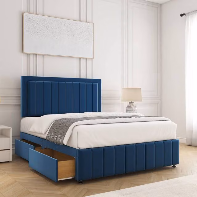 BSSPOKE Sophia Divan Bed Set with 24 inch Headboard, 4 Drawers and Mattress in Blue Plush Velvet, Super King, W/D/H: 200 x 200 cm