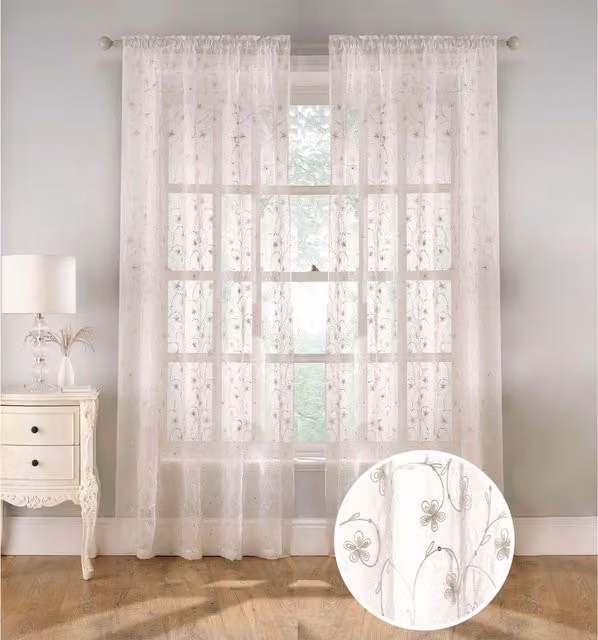 Tyrone Textiles Pair of Sheer Linen Look Voile Fabric Panels with Floral Print and Sequins, Width: 122 cm, Beige, Yellow and White