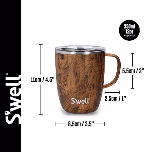 S'well Teakwood Vacuum Insulated Stainless Steel Travel Mug with Handle and Slide-Open Lid, Brown, 350ml – 3