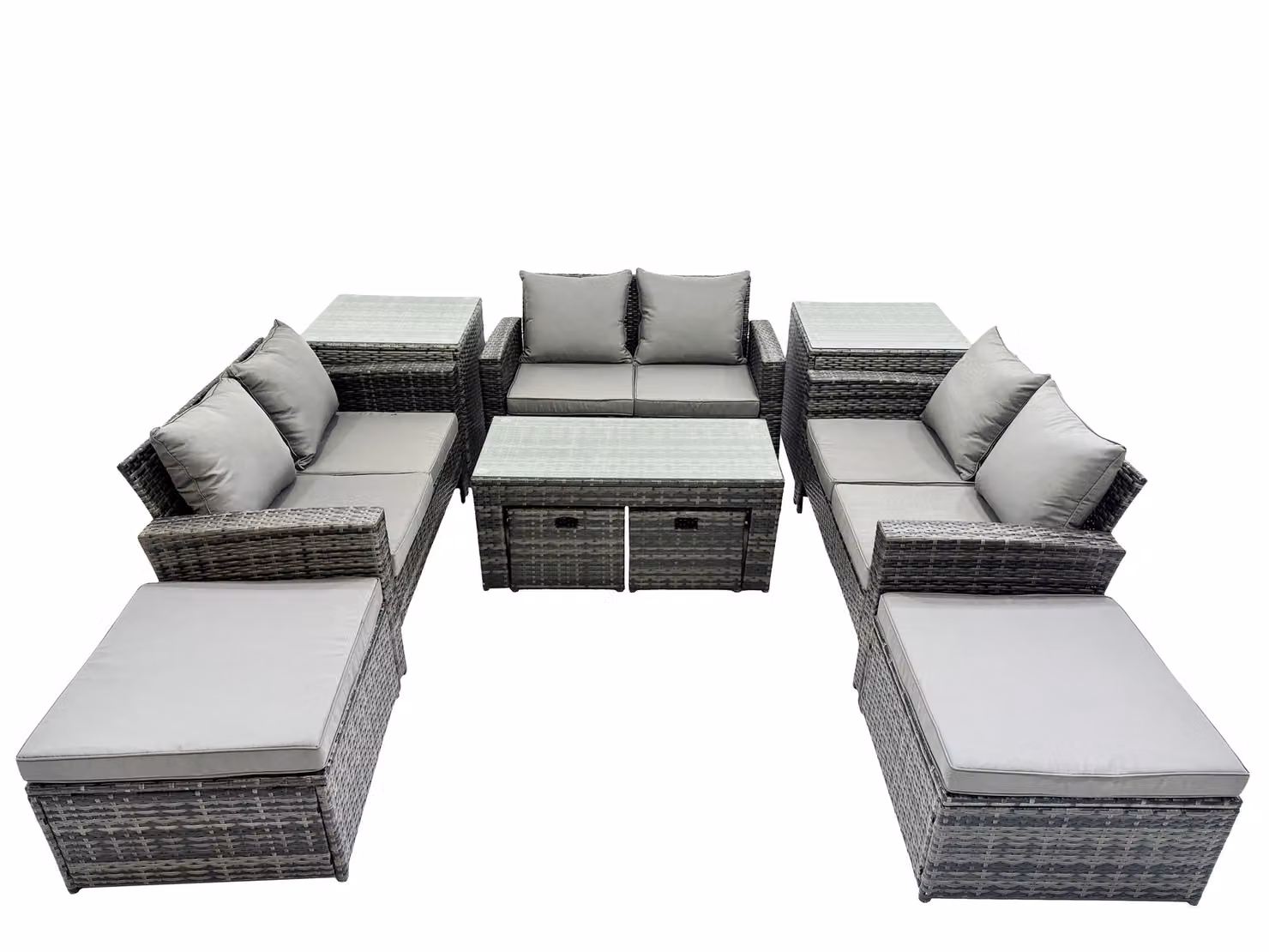 Fimous Outdoor Love Sofa Set with Oblong Coffee Table, 4 Stools and 2 Side Tables in Dark Grey – 2