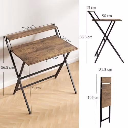 HOMCOM Folding Computer Desk with Monitor Shelf in Rustic Brown – 3