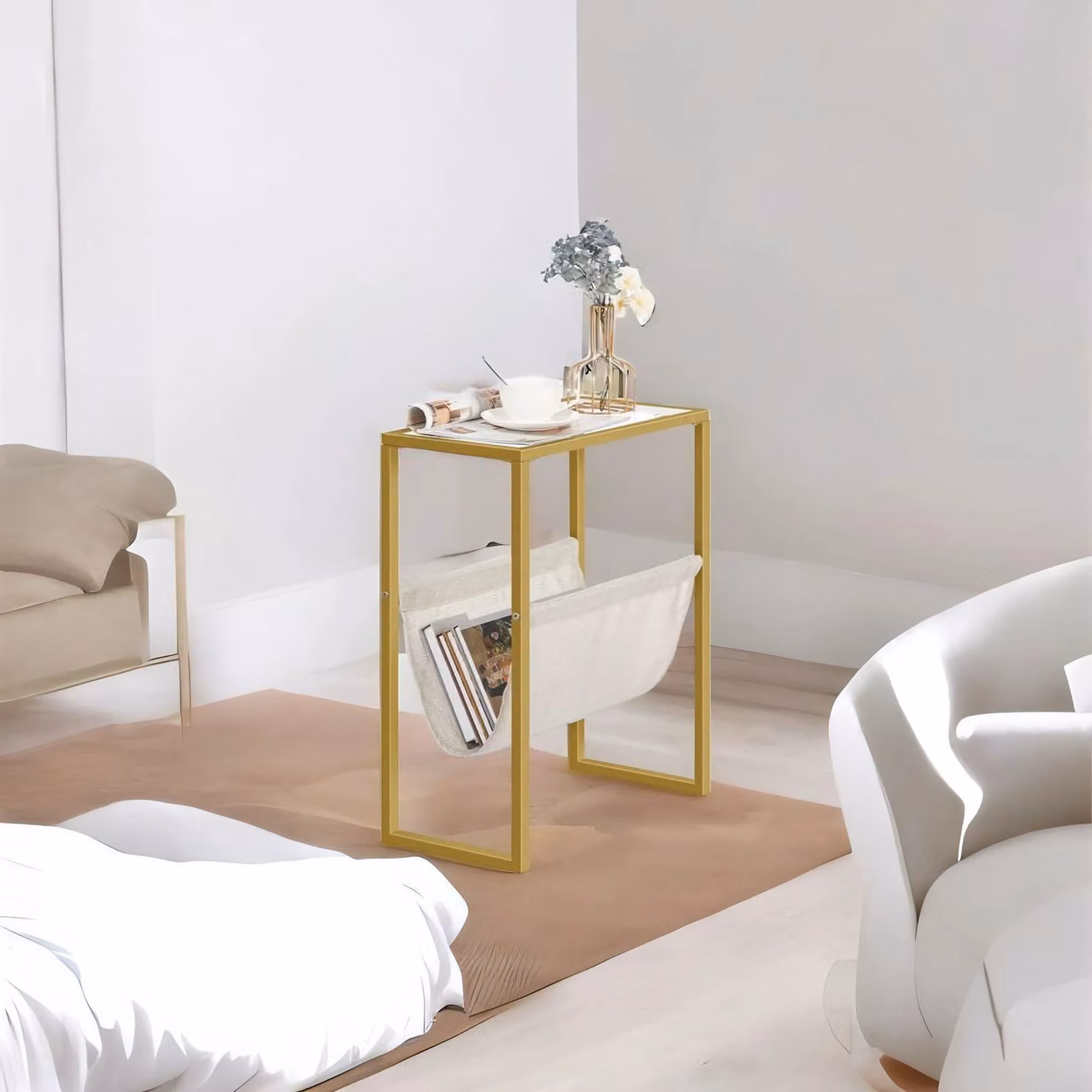 Rafaelo Mobilia Gold Sofa End Table with Fabric Magazine Holder and Glass Top W/D/H: 54.5 x 40 x 24 cm – 2