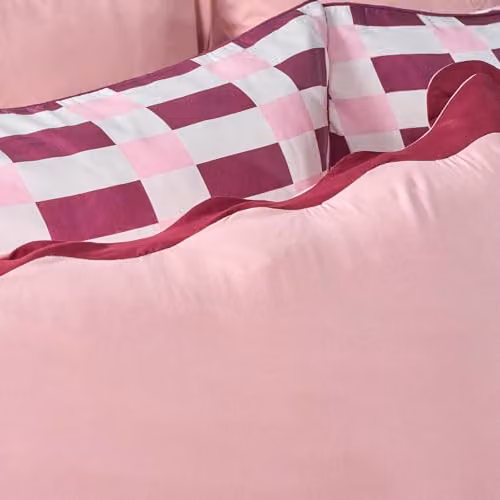 OHS Single Microfibre Polyester Duvet Cover and Pillowcase Set with Scallop Edge, Blush/Burgundy, Duvet Cover: 135 x 200 cm, Pillowcase: 50 x 75 cm – 2