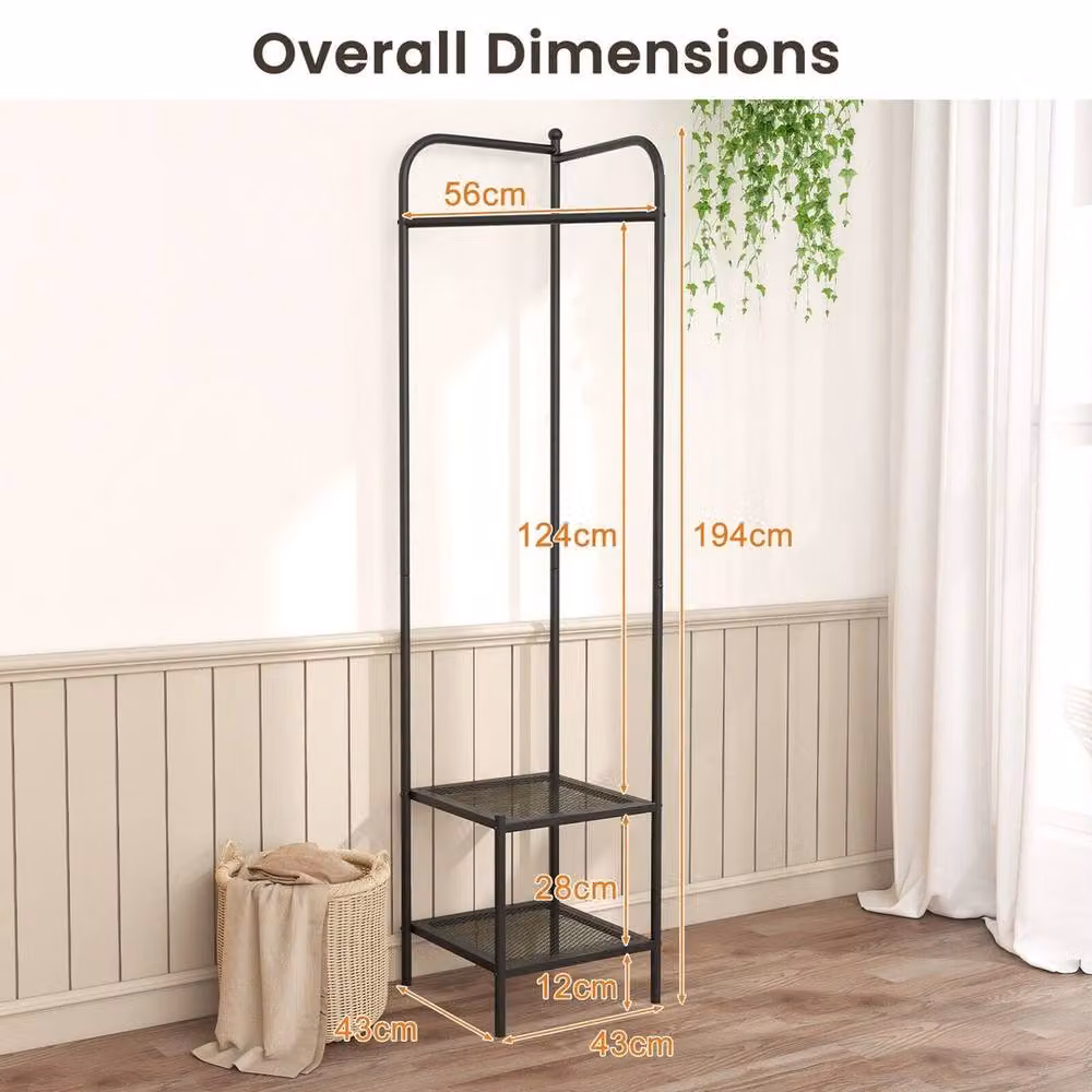Havendro Modern Black Metal Corner Coat Rack Hall Tree with Bench and Storage Shelves – 2