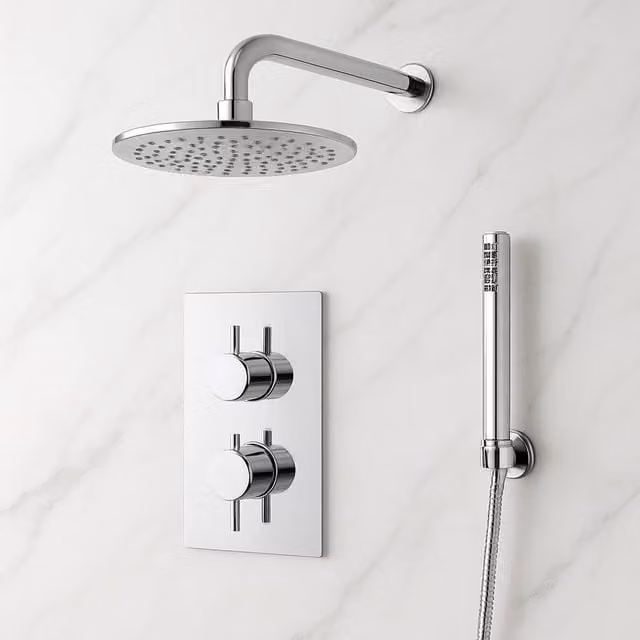 Bathroom Kingdom Avon Chrome Round Thermostatic Shower Set with 250mm Overhead Shower, Hand Shower and Rigid Column in Silver