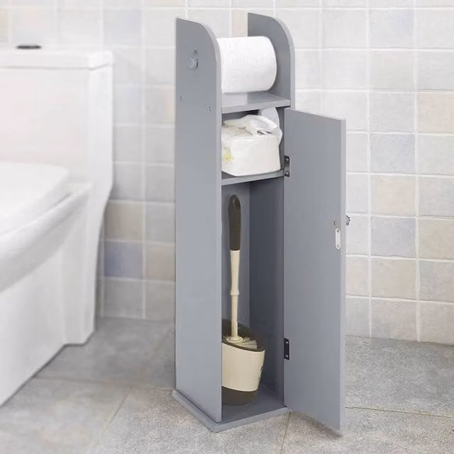 EONLION Free Standing Wooden Toilet Paper Roll Holder and Spare Roll Stand in Grey, H 45.5 x W 15.0 x D 13.5 cm – 1