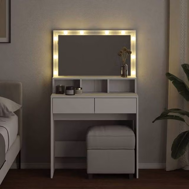 Berkfield Home Beautiful LED Dressing Table in White, W/D/H: 80 x 41 x 134.5 cm
