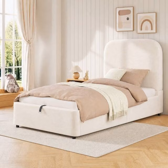 STILVORA Single Upholstered Storage Bed with Hydraulic Lift in Beige Fabric, W/D/H: 90 x 200 cm – 1