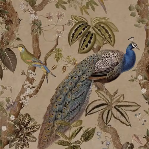 Holden Decor Peacock Woods Art Nouveau Wallpaper in Beige and Multicolour