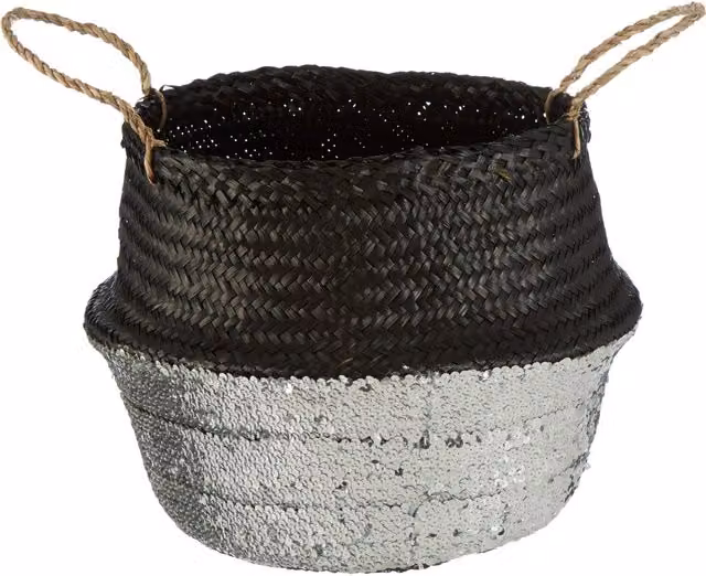Orsina Black and Silver Seagrass Storage Basket with Handles – 1