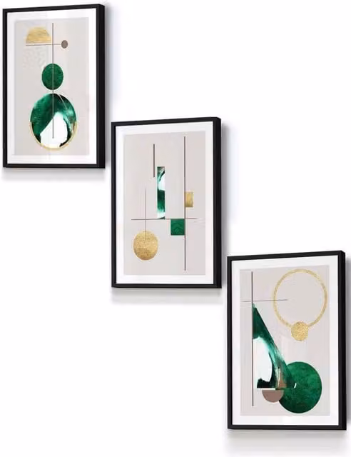 ARTZE Abstract Geometric Textured Wall Art in Green, Gold, White and Black with Black Frame, W: 33 cm, H: 45 cm, D: 2 cm