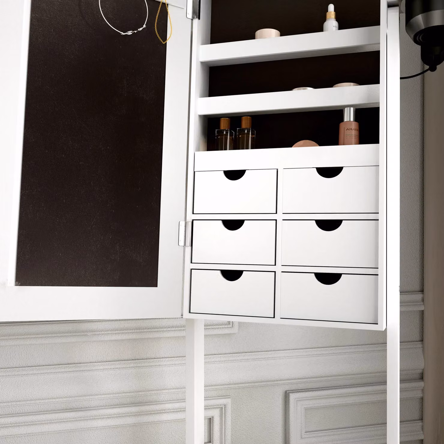 CARME HOME Zoey White Jewellery Storage Cabinet with Full Length LED Mirror and 6 Drawers, H 146 x W 35 x D 31 cm – 3