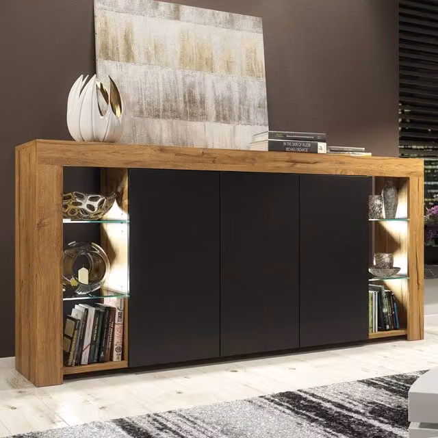 Mex Furniture LTD Eden Sideboard in Dark Oak and Black Matt with Integrated LED Lights, W: 164 cm, H: 83 cm, D: 35 cm – 1
