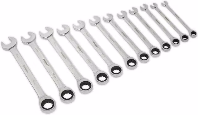 Loops 12-Piece Slim Handle Ratchet Combination Spanner Set, 12-Point Metric Ring Open Head, Silver and Multicolour
