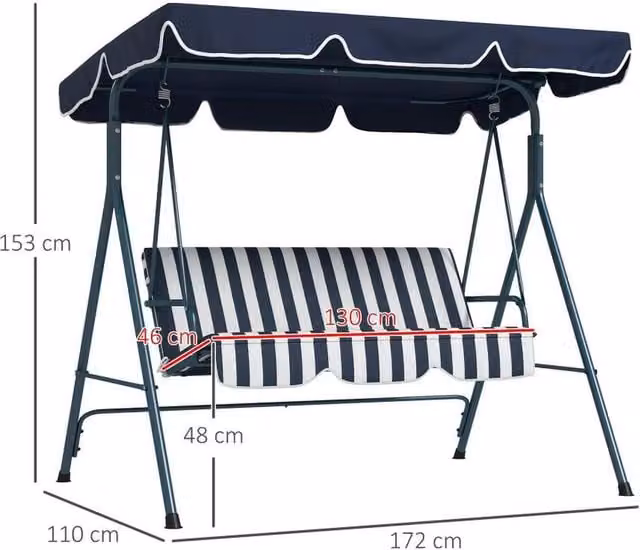 Chilli Seating Blue 3 Seat Adjustable Swing Seat with Sun Canopy and Cushions