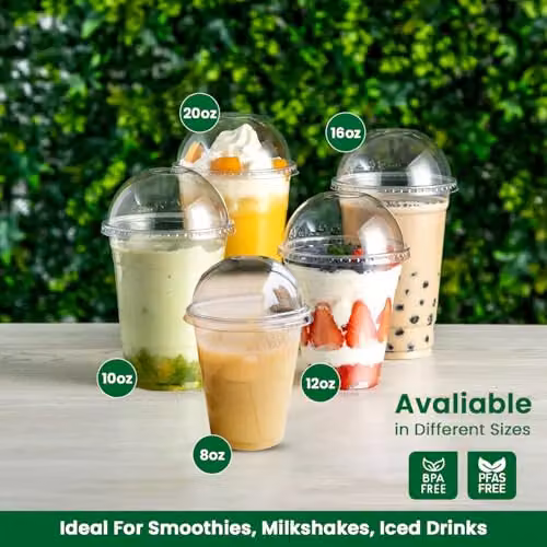 ECONX 100 Reusable Transparent Plastic Smoothie Cups with Dome Lids, 10oz – 3
