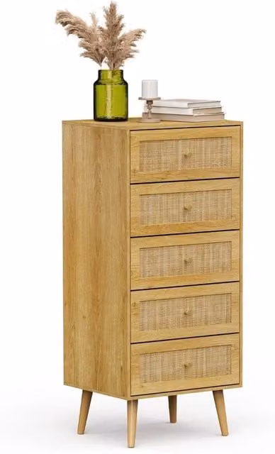Havendro Tall Chest of Drawers in Brown with Natural Rattan and Gold Accents, W/D/H: 40 x 48 x 113.5 cm – 1