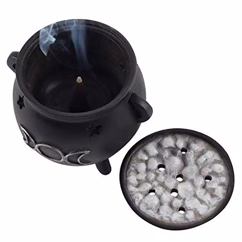 Spirit of Equinox Green Tree Triple Moon Cauldron Incense Holder, Black and Silver Ceramic – 3