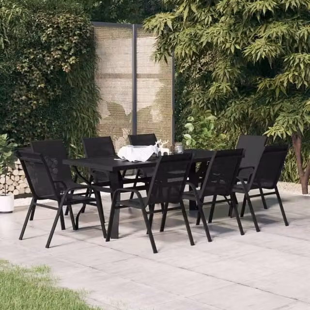 Berkfield Home 9 Piece Black Metal and Glass Garden Dining Set – 1