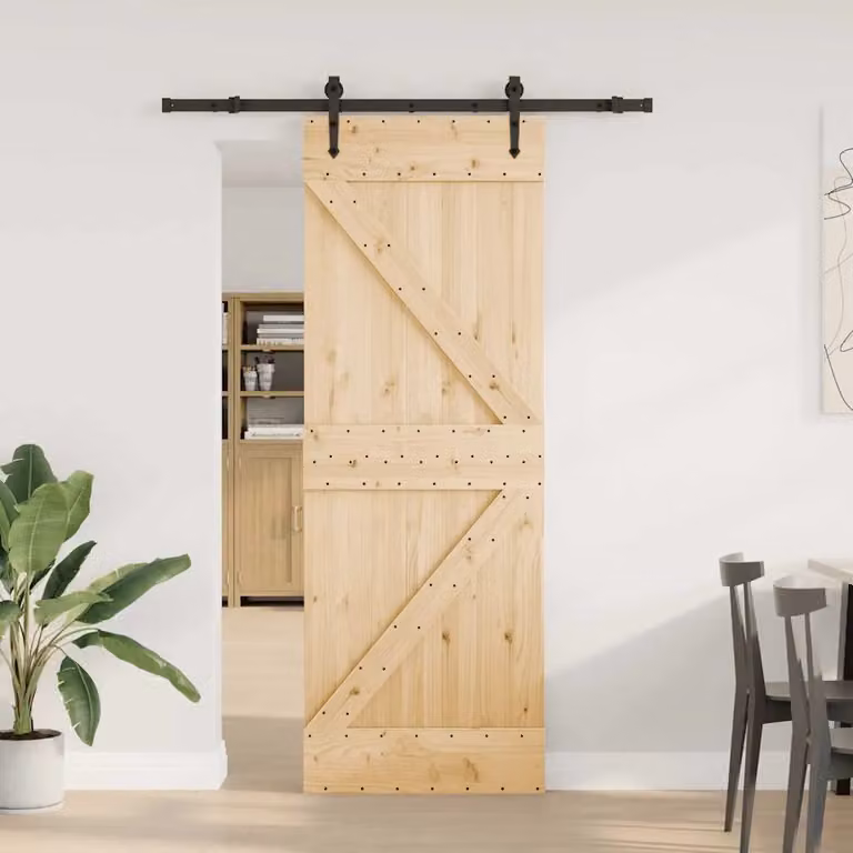 Berkfield Home Rustic Solid Wood Pine Sliding Door with Hardware Set, Brown, W: 70 cm, H: 210 cm