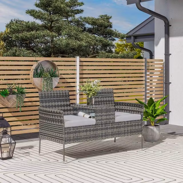 Outsunny Modern Rattan Garden Bench with Glass Coffee Table in Charcoal Grey and Grey