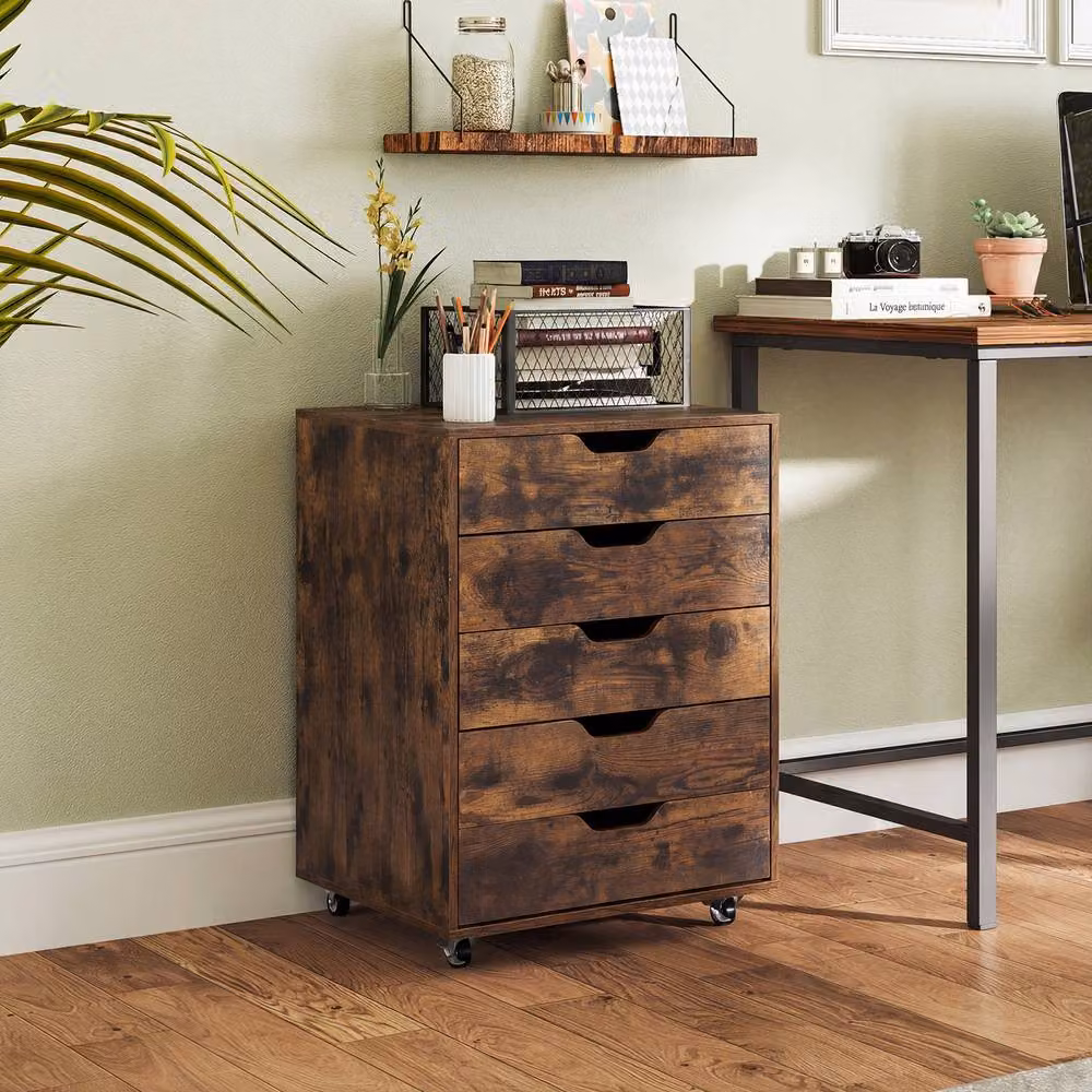 Costway 5 Drawer Rolling Dresser Storage Cabinet with Lockable Wheels in Brown – 3
