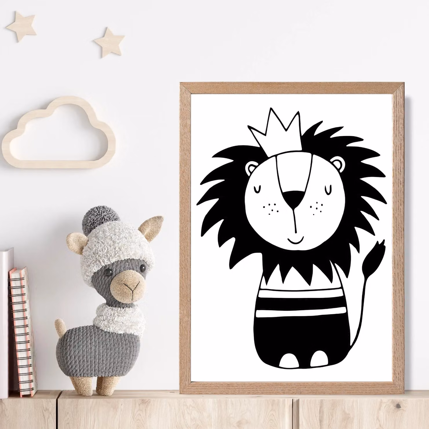 ARTZE Black Lion Scandinavian Animal Framed Print with Oak Wood Frame, A3 – 2