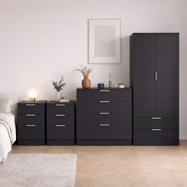 Vida Designs Trega 4 Piece Modern Black Bedroom Set including Wardrobe, Chest of Drawers and Two Bedside Tables