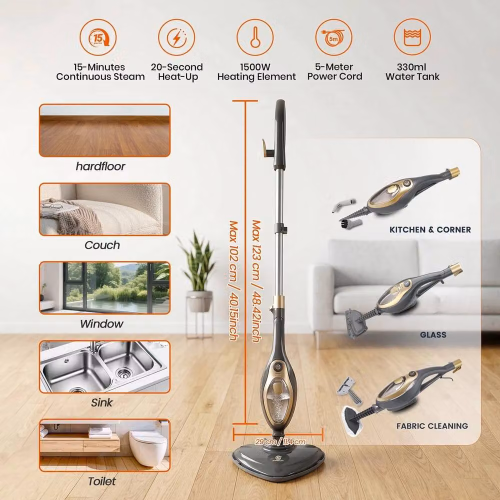VOGREX 15-in-1 Upright and Handheld Steam Mop Floor and Window Cleaner in Black – 2